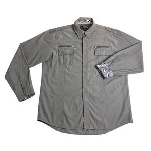Y2K RNZ Premium Shirt Mens 2XL Gray Paisley Flip Cuff‎ Flap Pockets Streetwear